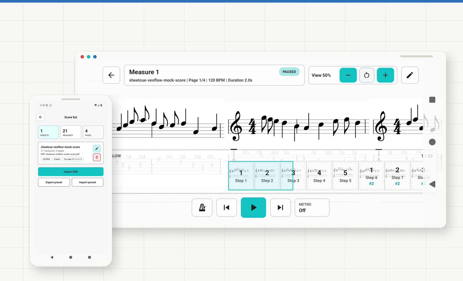 SheetCue screens showing a PDF score list, playback view, and measure-by-measure practice cues